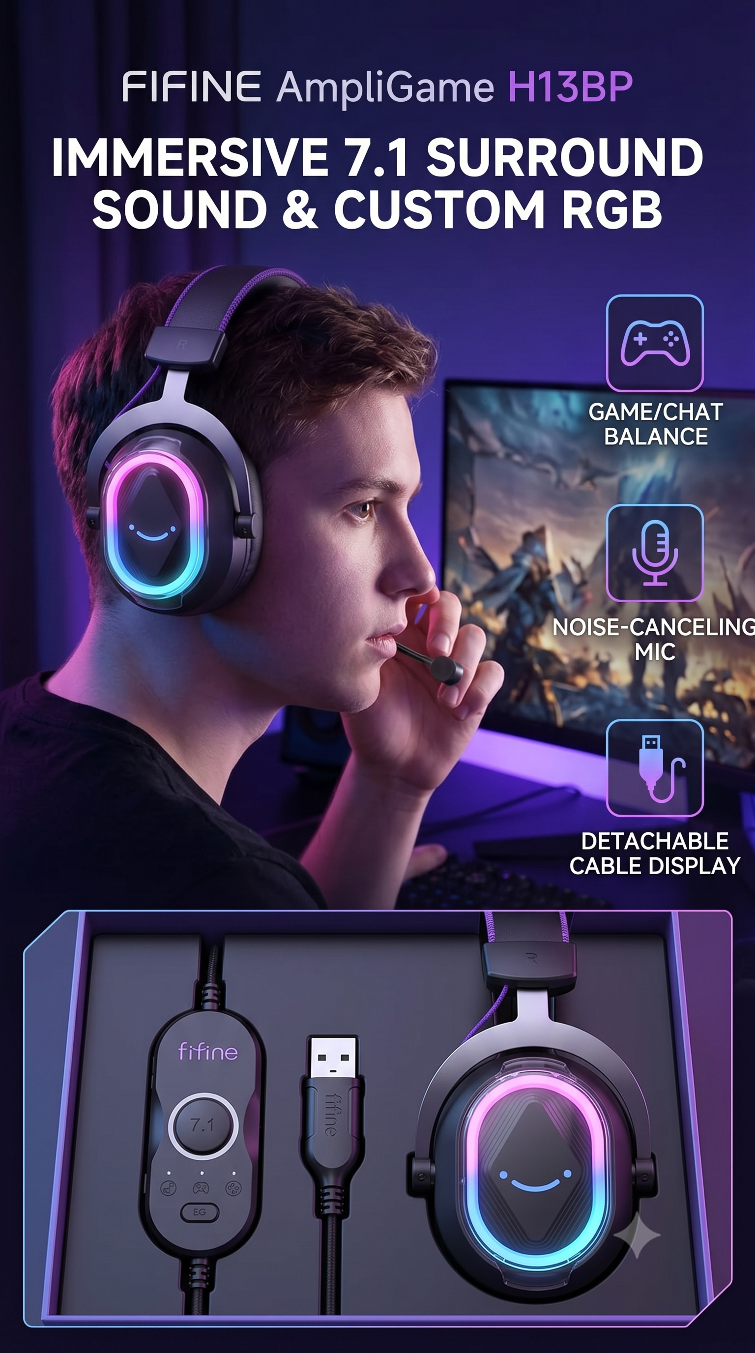 FIFINE Wired Gaming Headsets: 7.1 Surround Sound - Vibrant Customizable RGB - Game/Chat Balance, USB Gamer Headphones with Noise Canceling Microphone for PC, PS5/PS4, Laptop, Mac - AmpliGame H13BP