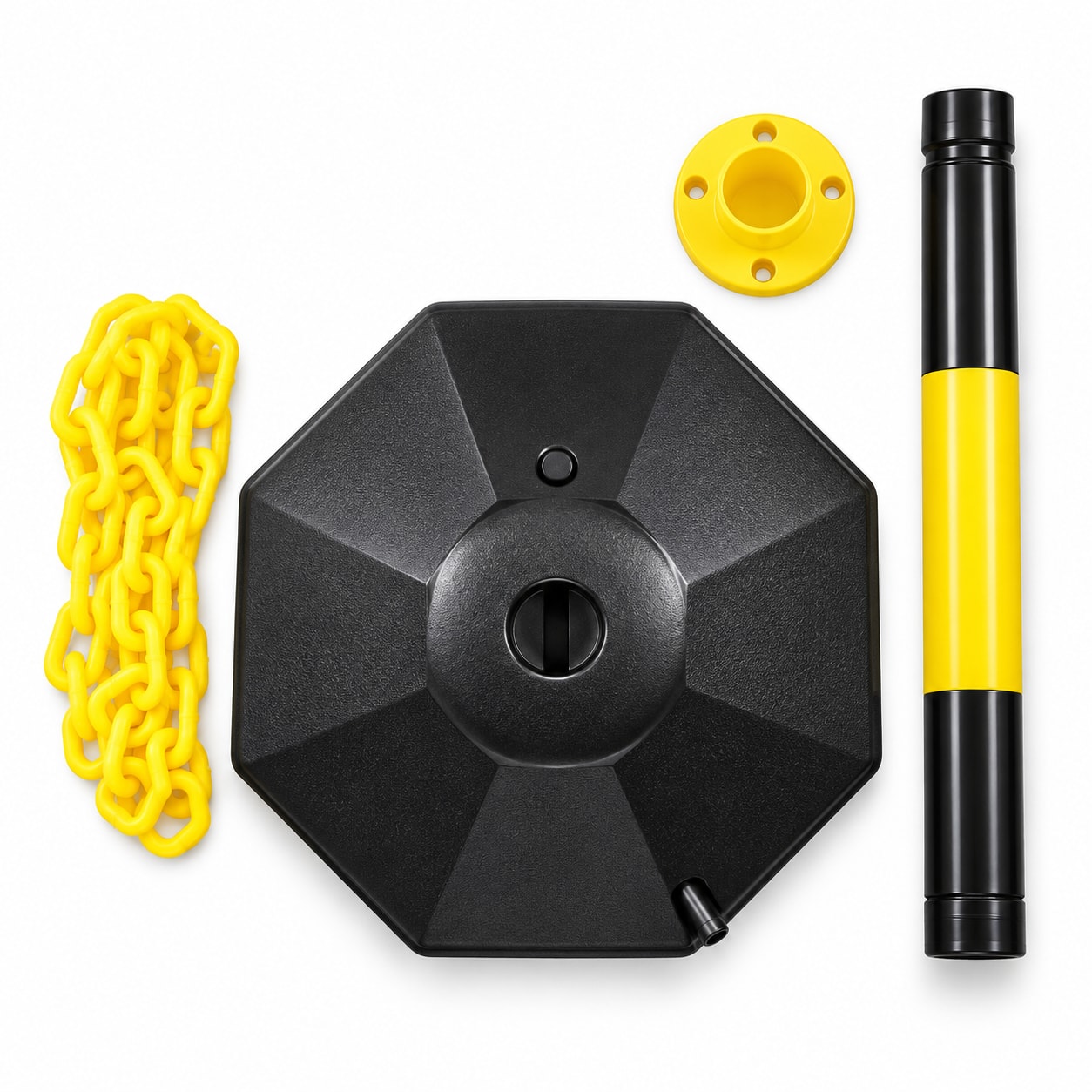 Yellow and Black Barrier Post with Base and Plastic Chain product
